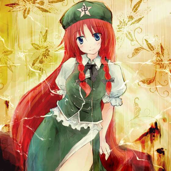 1girl arm_behind_back blue_eyes blush bow braid china_dress chinese_clothes dress female hair_bow hat hong_meiling long_hair photo_(object) redhead smile solo star the_embodiment_of_scarlet_devil touhou twin_braids
