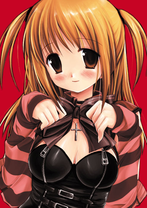 1girl amane_misa belt blonde_hair bow bowtie breasts brown_eyes choker cleavage corset cross cross_necklace death_note detached_sleeves head_tilt jewelry latex long_sleeves medium_breasts miyasu_risa necklace pendant ribbon shirt_lift skin_tight smile solo sweater two_side_up upper_body