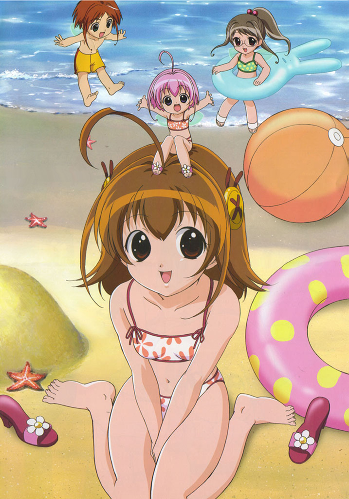 00s 1boy 3girls ahoge barefoot beach bikini blue_eyes brown_eyes brown_hair buttons chibi chicchana_yukitsukai_sugar fairy feet glasses green_eyes grey_hair innertube large_buttons minigirl multiple_girls official_art pepper_(chicchana_yukitsukai_sugar) pink_hair saga_bergman salt_(chicchana_yukitsukai_sugar) sandals shoes_removed short_hair starfish sugar_(chicchana_yukitsukai_sugar) swimsuit tankini toes wings