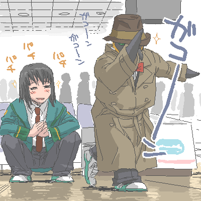 2boys aliasing bird clapping cosplay fedora gunparade_orchestra hat indoors lowres male_focus multiple_boys ouya_(maboroshimori) penguin q_(street_fighter) squatting street_fighter street_fighter_iii street_fighter_iii:_3rd_strike street_fighter_iii_(series) trench_coat