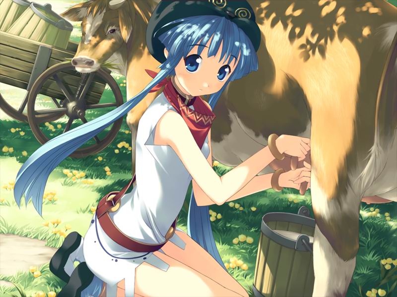 1girl bangle bangs bare_legs barrel blue_eyes blue_hair bracelet breasts bucket cow dress farmer flower from_side furudera_naru game_cg grass hand_milking hat jewelry kneeling lactation llyr long_hair looking_at_viewer looking_to_the_side milk neckerchief no_socks outdoors shoes short_dress short_hair_with_long_locks sidelocks sleeveless sleeveless_dress solo sunlight tears_to_tiara tree_shade udder white_dress