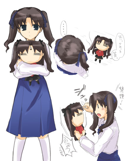 ... 2girls =_= artoria_pendragon_(all) artoria_pendragon_(all)_(cosplay) black_hair blue_eyes chibi cigarette dress dual_persona fate/stay_night fate_(series) hugging long_hair multiple_girls saber_(cosplay) simple_background smoking thigh-highs tohsaka_rin twintails yasagure_rin younger