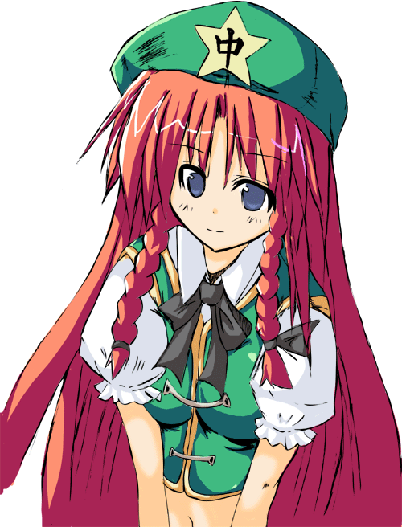 1girl blue_eyes bow braid china_dress chinese_clothes dress female hair_bow hat hong_meiling long_hair midriff redhead smile solo star the_embodiment_of_scarlet_devil touhou twin_braids