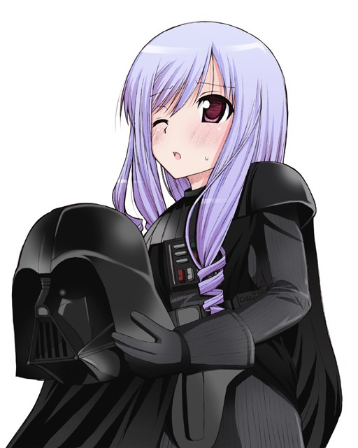 1girl aria_(sister_princess) cosplay crossover darth_vader darth_vader_(cosplay) drill_hair duplicate gloves long_hair mask mask_removed open_mouth parody pun purple_hair ringlets simple_background sister_princess solo star_wars sweatdrop unmask white_background wince yatsune_rika