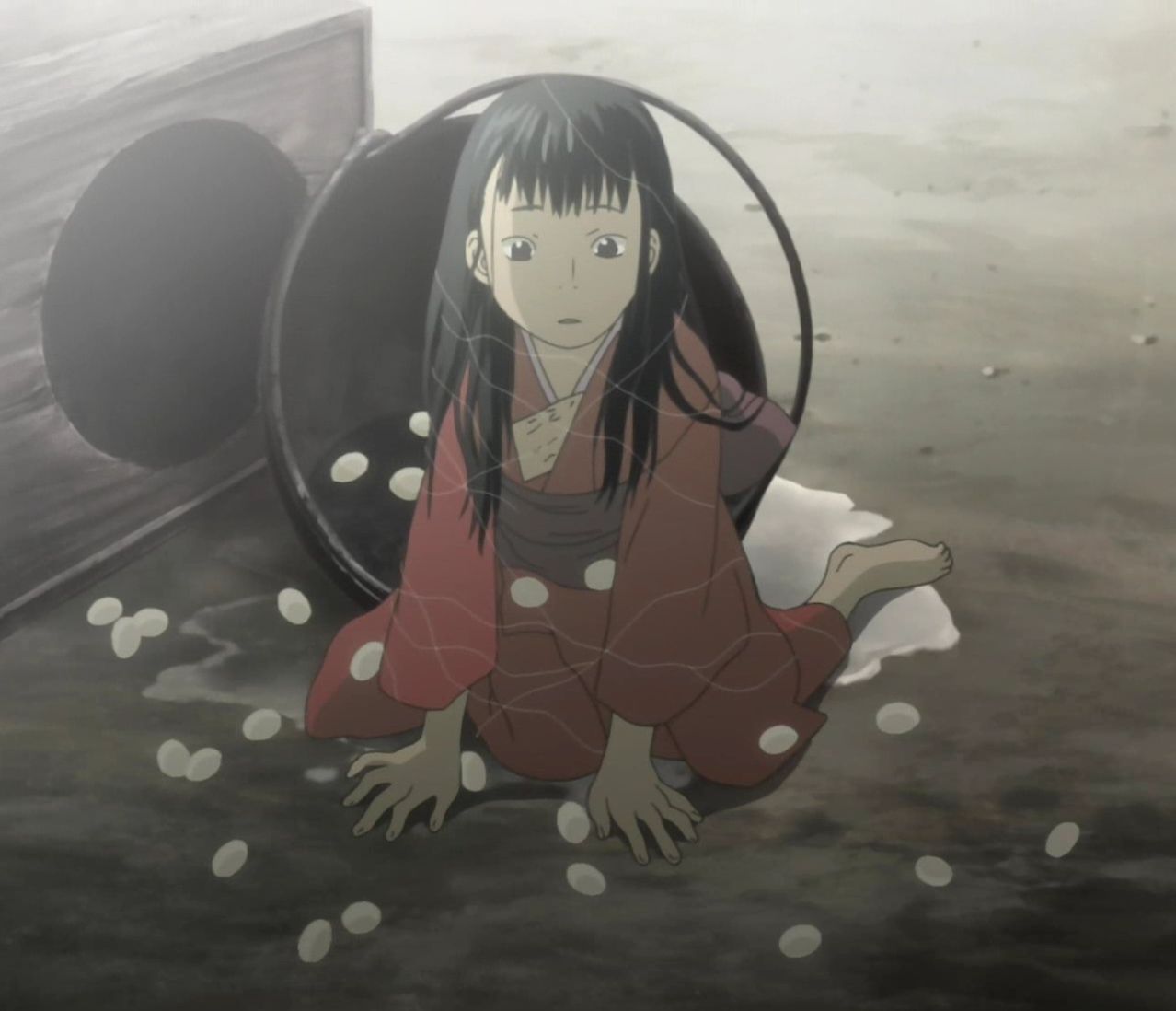 1girl barefoot basket black_eyes black_hair box cocoon expressionless failure food full_body hole ito_(mushishi) japanese_clothes kimono long_hair looking_at_viewer mushishi parted_lips screencap sitting solo wariza