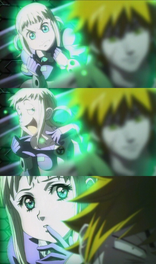 1boy 1girl :o apollo_(aquarion) aquarion_(series) blonde_hair blurry clenched_hands close-up collarbone finger_to_mouth green_eyes naughty_face parted_lips screencap silver_hair silvia_de_alisia sousei_no_aquarion teasing teeth wavy_mouth