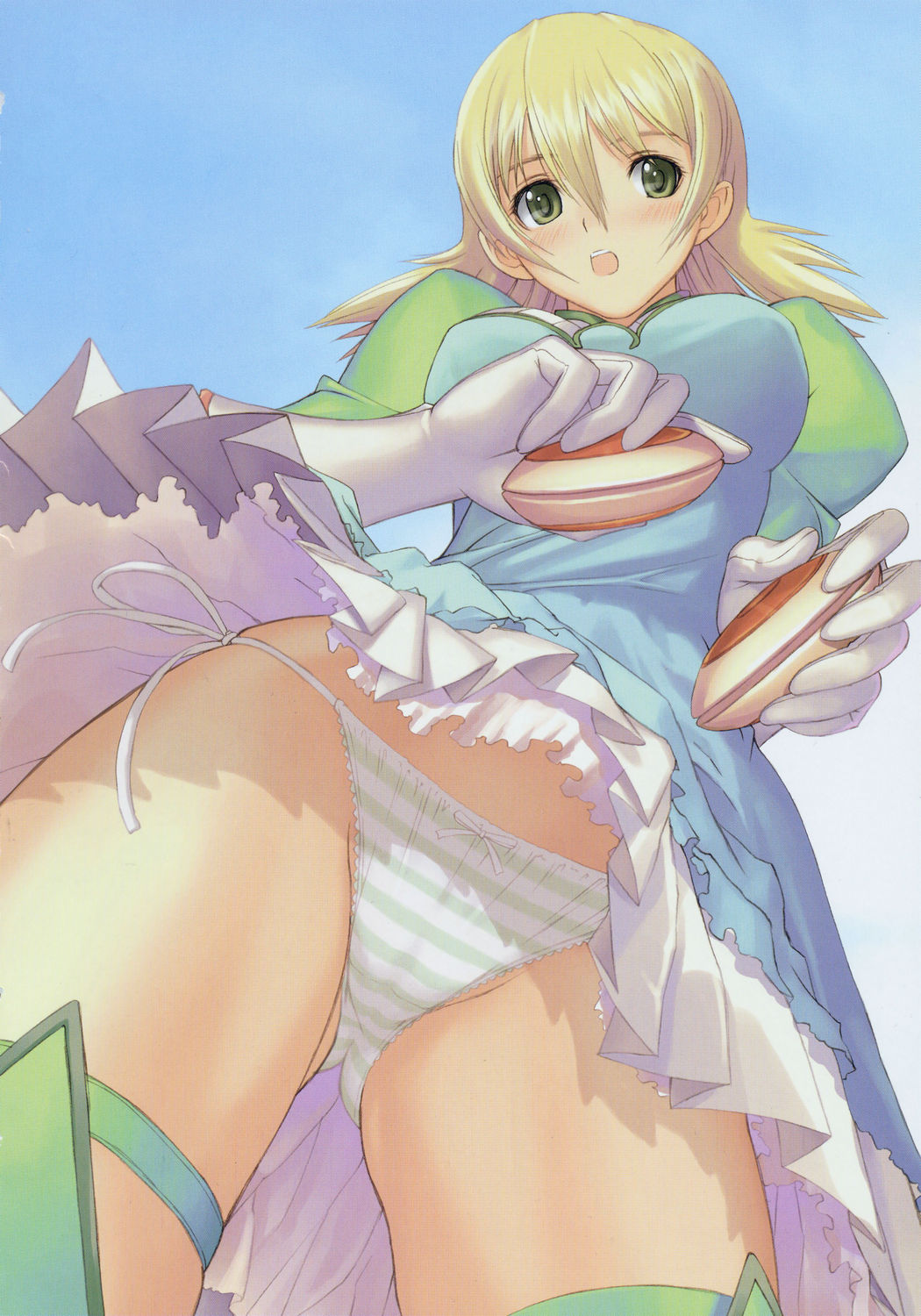 1girl bangs blonde_hair blush boots crotch dress from_below gaball green_dress green_eyes highres lace lace-trimmed_panties lingerie looking_at_viewer open_mouth panties pantyshot petticoat short_hair side-tie_panties solo striped striped_panties tanaka_takayuki thigh-highs thigh_boots underwear upskirt zoids zoids_genesis