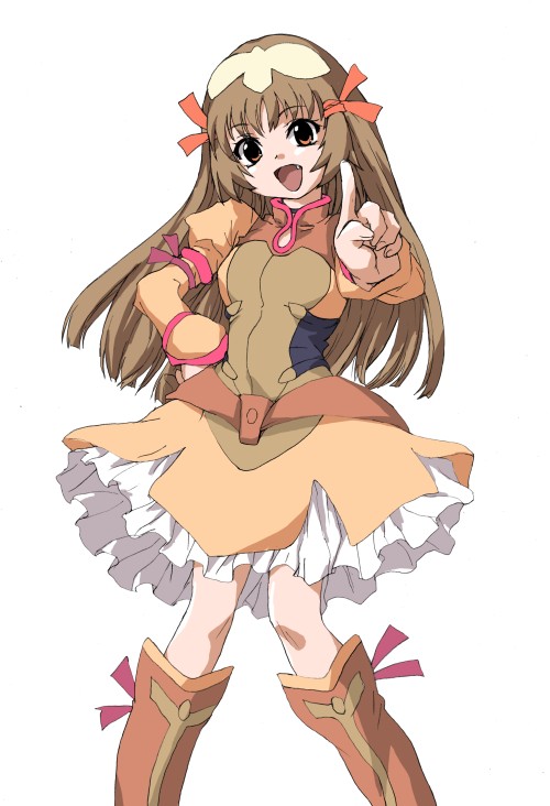 1girl boots brown_boots brown_hair duplicate fang hair_ribbon hat head_tilt index_finger_raised knee_boots looking_at_viewer open_mouth re_mii ribbon simple_background solo standing thigh-highs tooth white_background zettai_ryouiki zoids zoids_genesis