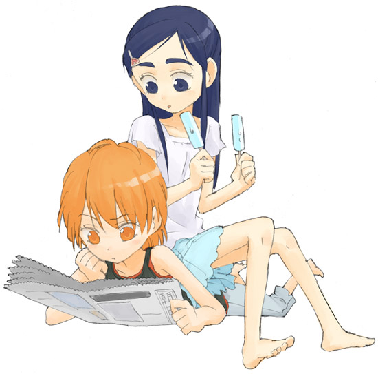 00s futari_wa_precure misumi_nagisa newspaper orange_eyes orange_hair popsicle precure purple_hair reading violet_eyes yukishiro_honoka