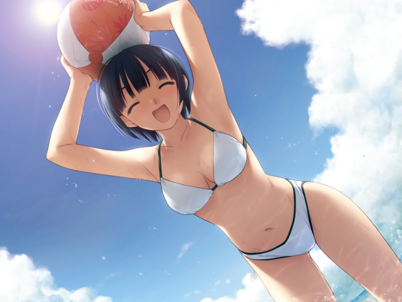 1girl ball beachball bikini day game_cg hashimoto_takashi ichinose_mio short_hair sky solo swimsuit white_bikini white_breath
