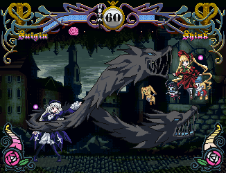 00s 2girls black_dress blonde_hair dress fangs fighting fighting_game floating full_body hairband health_bar lolita_hairband looking_at_another lowres magic monster multiple_girls outdoors red_dress rozen_maiden shinku silver_hair suigintou teeth twintails