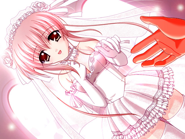 00s 1girl choker dress dutch_angle elbow_gloves frills game_cg gathers gloves imouto_jiru kohinata_yuki light_particles pink pink_hair pov short_hair smile solo_focus thigh-highs veil wedding white_gloves yellow_eyes zettai_ryouiki