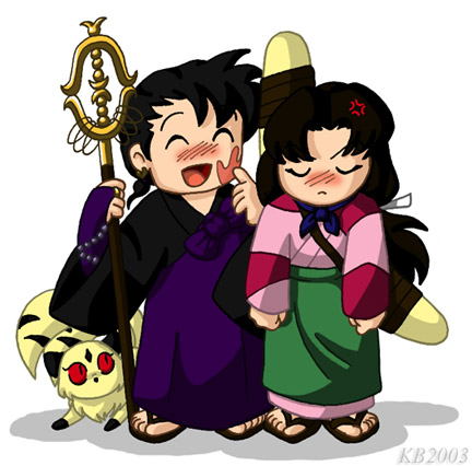 1boy 1girl anger_vein beads black_hair blush boomerang chibi inuyasha japanese_clothes khakkhara kirara_(inuyasha) long_hair lowres miroku miroku_(inuyasha) monk ponytail prayer_beads rosary sandals sango slap_mark staff tail