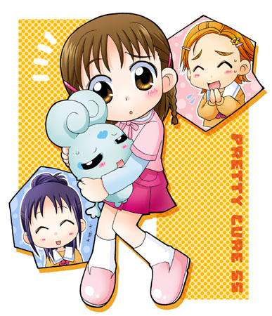 braid chibi flappy futari_wa_precure_splash_star hug hyuuga_minori hyuuga_saki looking_at_viewer lowres mishou_mai precure twin_braids