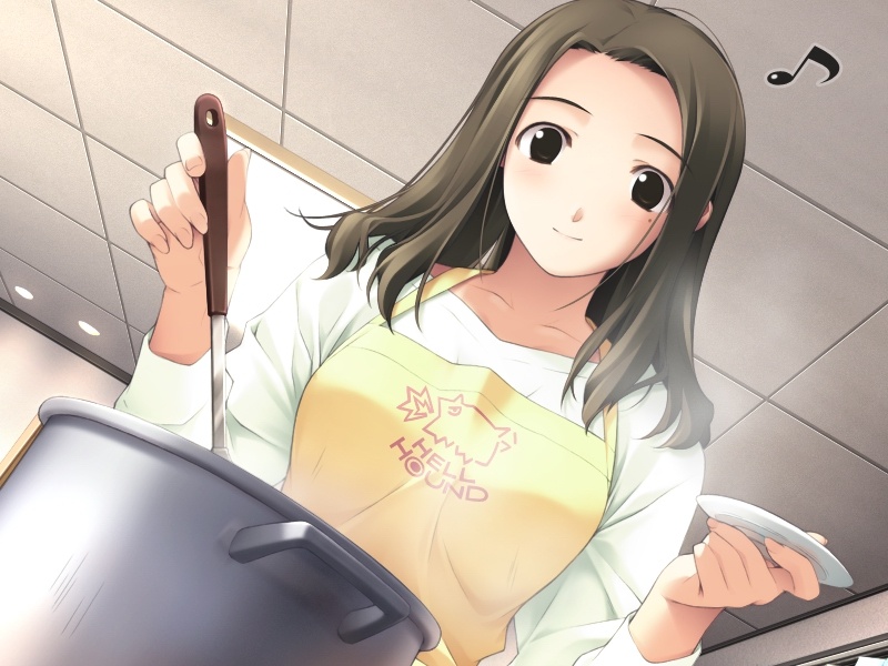 1girl apron black_eyes black_hair blush brown_eyes brown_hair ceiling closed_mouth clothes_writing cooking dutch_angle english from_below hashimoto_takashi holding indoors ladle light light_smile lights long_hair long_sleeves looking_at_viewer mole mole_under_eye musical_note plate pot shirt smile solo spoken_musical_note tiles toomine_nagisa upper_body white_breath white_shirt