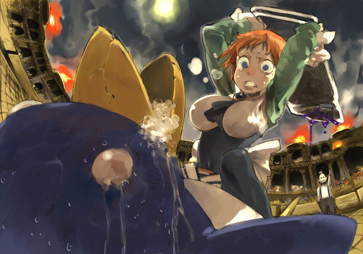 1girl angry arms_up ascot bangs battle belt between_breasts bird black_legwear blood blue_eyes bow breasts chair clenched_teeth clouds disgaea duplicate empty_eyes fire fisheye foam foaming_at_the_mouth folding_chair foreshortening full_moon game_cg gem green_shirt holding impossible_clothes impossible_shirt large_breasts lying magic_knight_(disgaea) makai_senki_disgaea_2 moon night night_sky on_back open_mouth orange_hair outdoors penguin prinny saliva shirt short_hair sky suspenders sweat tears teeth thigh-highs toi8 violence what white_eyes