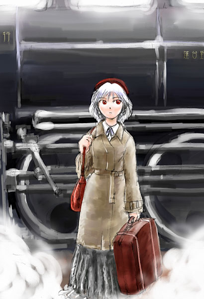 1girl bag coat female hat izayoi_sakuya locomotive short_hair silver_hair solo steam steam_locomotive touhou train wizneko