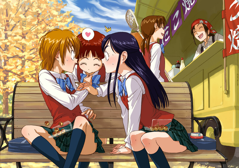 00s 4girls bench blue_bow bow brown_hair food fujita_akane futari_wa_precure kubota_shiho kujou_akane lacrosse long_hair misumi_nagisa multiple_girls naruko_hanaharu orange_hair outdoors precure purple_hair redhead school_uniform short_hair sky takashimizu_rina takoyaki yukishiro_honoka