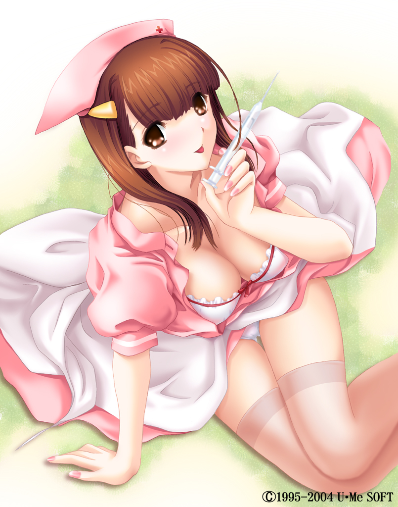 1girl :p breasts brown_eyes brown_hair fingernails hat large_breasts looking_up nail needle nurse nurse_cap solo syringe thigh-highs tongue tongue_out