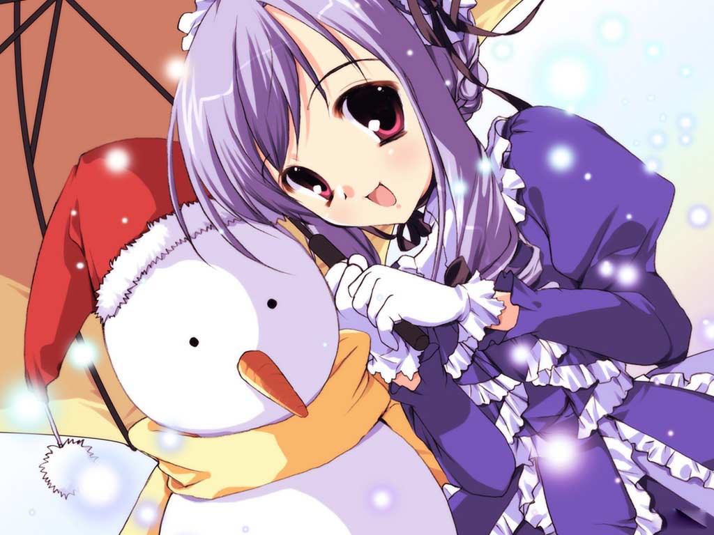 00s aria_(sister_princess) sister_princess snow snowing snowman umbrella