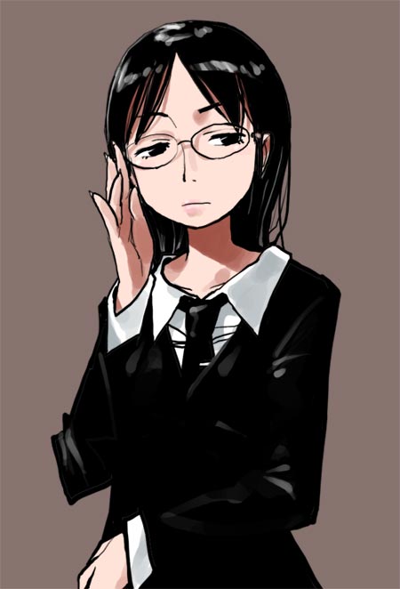 1girl adjusting_glasses barasui black_eyes black_hair black_suit darker_than_black formal glasses grey_background kirihara_misaki looking_to_the_side loose_necktie necktie original simple_background solo suit