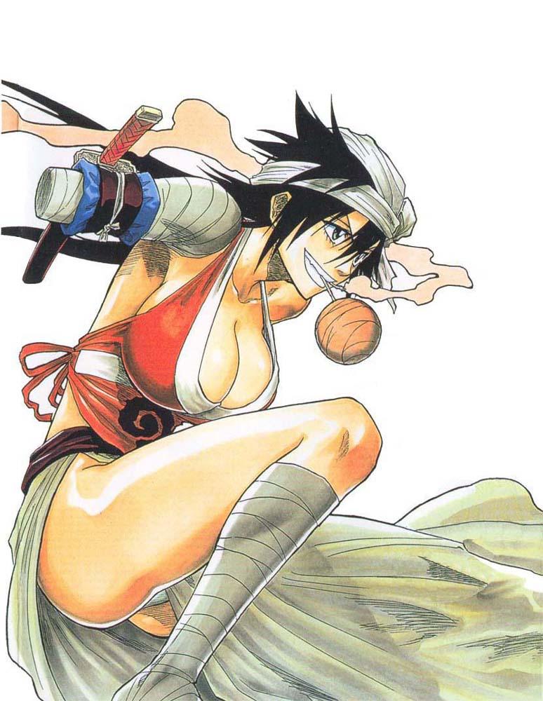 1girl amputee bandage bandaged_leg bandages black_hair bleach breasts cleavage female huge_breasts kubo_taito large_breasts legs long_legs mouth_hold official_art panties pantyshot shiba_kuukaku simple_background sleeveless smoke solo sword thighs underwear weapon white_background white_panties