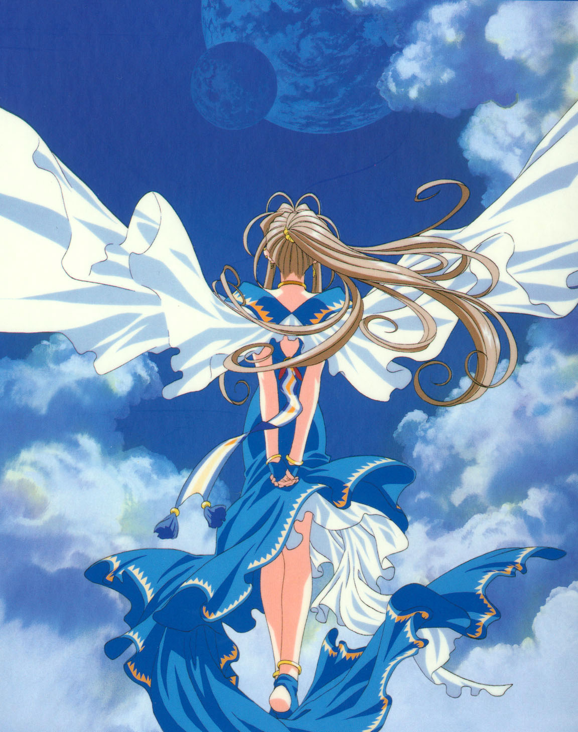 1girl 90s aa_megami-sama anklet belldandy bracelet clouds ear_piercing earrings earth goddess highres jewelry long_hair moon outdoors piercing ponytail sky solo wings