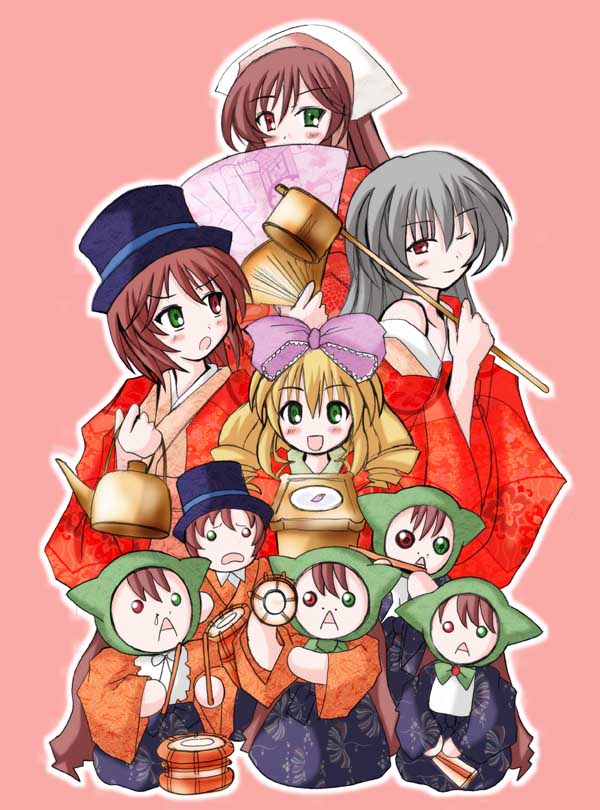 00s 4girls :d :o ;) blonde_hair blush bow bucket chibi clock covering_mouth drum drumsticks fan floral_print flute green_eyes hat hat_bow head_scarf heterochromia hina_ichigo holding hood instrument japanese_clothes jissouseki looking_at_viewer multiple_girls one_eye_closed open_mouth pink_background pink_bow pot rozen_maiden simple_background smile souseiseki straightchromia suigintou suiseiseki sweatdrop top_hat