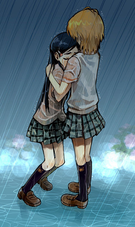 00s 2girls brown_hair comforting crying flower futari_wa_precure hug hydrangea long_hair minakata_sunao misumi_nagisa multiple_girls pleated_skirt precure purple_hair rain school_uniform serafuku short_hair shower skirt tears wet wet_clothes yukishiro_honoka yuri