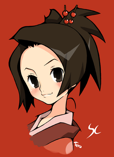 00s 1girl artist_name blush brown_eyes brown_hair face fuu hair_ornament hairpin imaizumi_teruhiko red_background samurai_champloo short_hair simple_background smile solo upper_body