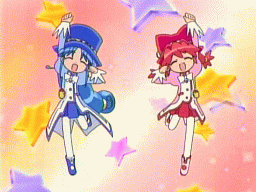 2girls =_= animated animated_gif arms_up blush boots closed_eyes dancing fine fushigiboshi_no_futago_hime happy hat leg_lift long_hair lowres multiple_girls pantyhose ponytail red_skirt rein short_hair skirt star starry_background top_hat twintails very_long_hair white_legwear