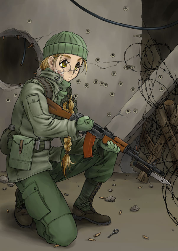 ak-74 assault_rifle bandage barbed_wire bayonet belt belt_pouch braid brown_hair bullet_hole canteen glasses gun kalashnikov kneeling military military_uniform operator rifle screencap shell_casing single_braid uniform utility_belt weapon yellow_eyes