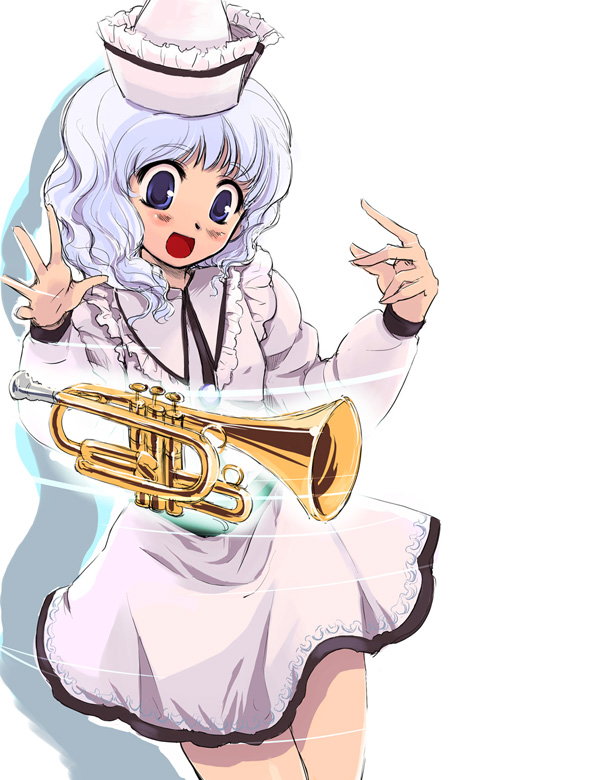 1girl :d arms_up bangs blue_eyes capelet dress female hat head_tilt instrument long_hair merlin_prismriver open_mouth pink_skirt silver_hair simple_background skirt smile solo standing touhou trumpet wavy_hair white_background white_hair yuu_(kfc)