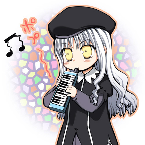 1girl beamed_quavers caren_hortensia chibi fate/hollow_ataraxia fate/stay_night fate_(series) grey_hair instrument keyboard_(instrument) long_hair lowres melodica musical_note pantyhose saxyun solo yellow_eyes
