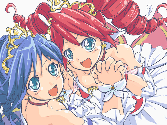 2girls :d bare_shoulders bell blue_eyes blue_hair blush choker detached_sleeves dress drill_hair earrings fine fushigiboshi_no_futago_hime fushigiboshi_no_futago_hime_gyu hand_holding interlocked_fingers jewelry maybe multiple_girls open_mouth redhead rein simple_background smile strapless strapless_dress tiara twin_drills white_background white_dress wrist_cuffs