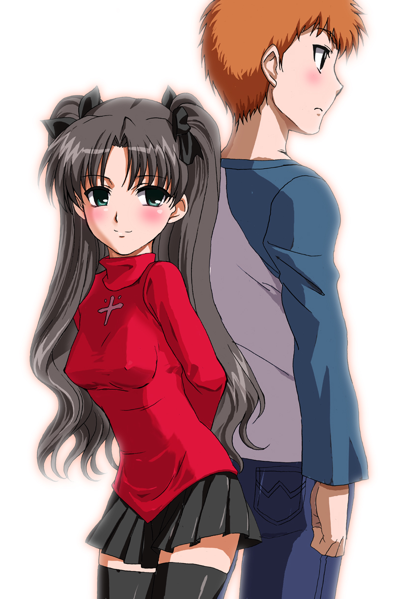 1boy 1girl back-to-back blush couple emiya_shirou erect_nipples fate/stay_night fate_(series) g-tetsu highres love raglan_sleeves thigh-highs tohsaka_rin turtleneck