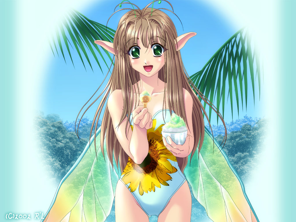 00s 1girl 2002 antenna_hair antennae bare_shoulders brown_hair casual_one-piece_swimsuit fairy floral_print flower food forest green_eyes ice_cream insect_wings long_hair nature one-piece_swimsuit outdoors palm_tree pointy_ears print_swimsuit r'l shaved_ice sky smile solo sunflower swimsuit tree wallpaper wings