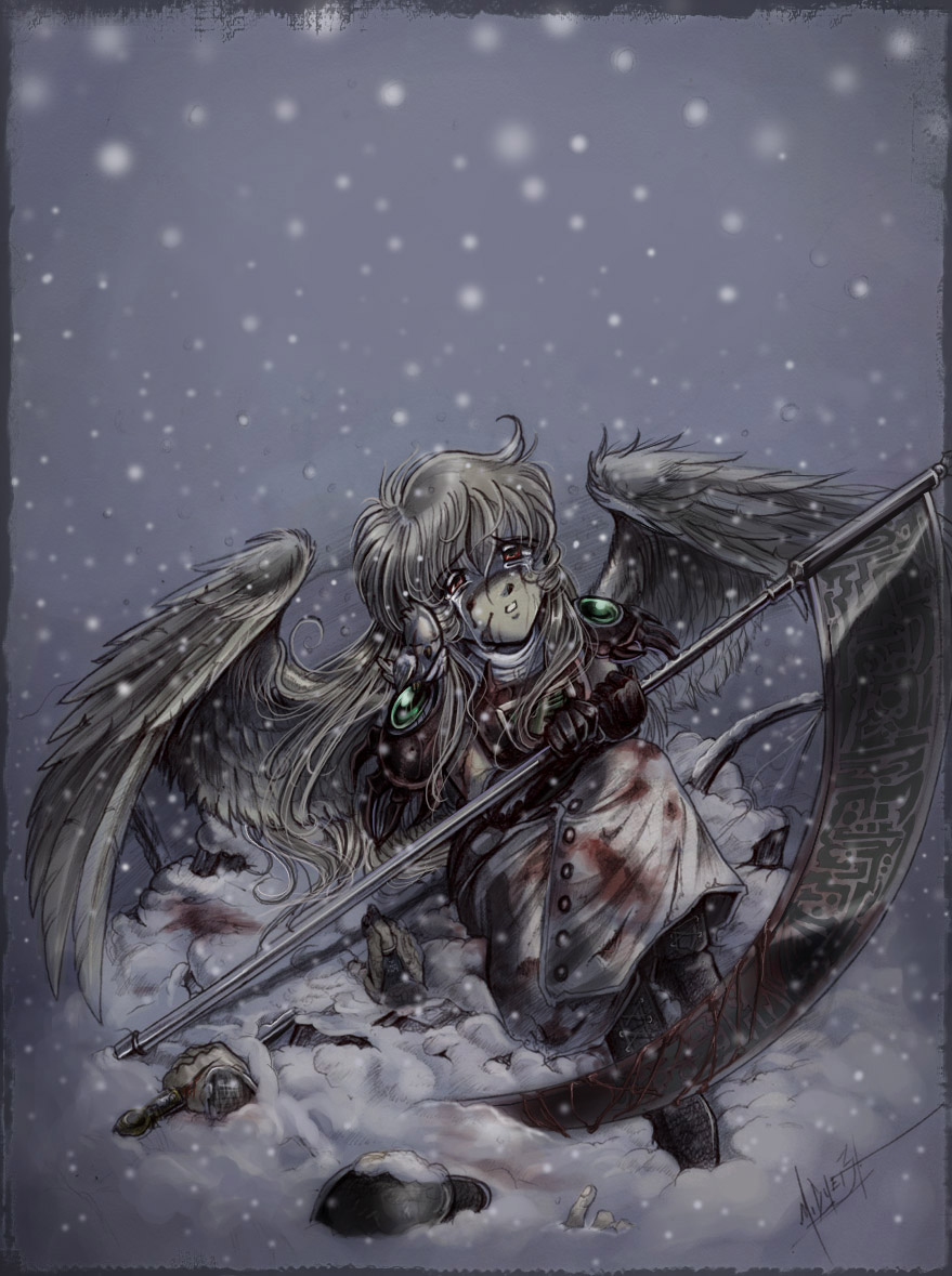 1girl angel blood blood_on_face boots long_hair mallory_dyer ocarina_(violinist_of_hameln) scythe sizer snow snowing tears thigh-highs twintails violinist_of_hameln wings