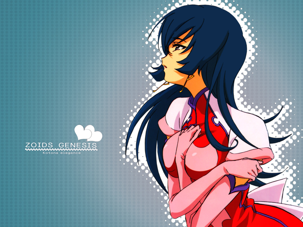 1girl :o arm_grab bangs between_breasts blue_hair breasts checkered checkered_background crossed_arms dress earrings elbow_gloves gloves hand_between_breasts heart jewelry kotona_elegance large_breasts official_art open_mouth pink_gloves polka_dot polka_dot_background profile sakai_kyuuta short_dress solo turtleneck upper_body violet_eyes wallpaper zoids zoids_genesis