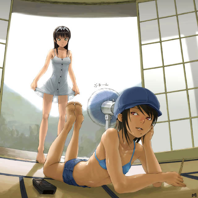2girls bangs bare_shoulders barefoot bikini bikini_top black_hair blue_bikini bow bra breasts brown_eyes brown_hair buttons cabbie_hat chin_rest collarbone controller day denim denim_shorts dress dress_lift electric_fan fan fanning_self feet flat_chest full_body green_eyes hair_bow hairband hat holding indoors lifted_by_self lingerie long_hair lying mole mole_under_mouth mountain multiple_girls no_shirt on_floor on_stomach open_door parted_lips porch red_eyes remote_control see-through see-through_silhouette shiny shiny_skin short_dress short_hair short_shorts shorts shouji sky sliding_doors small_breasts soles standing summer sundress sweat swimsuit tan tatami tree underwear white_dress yoneda_taishou