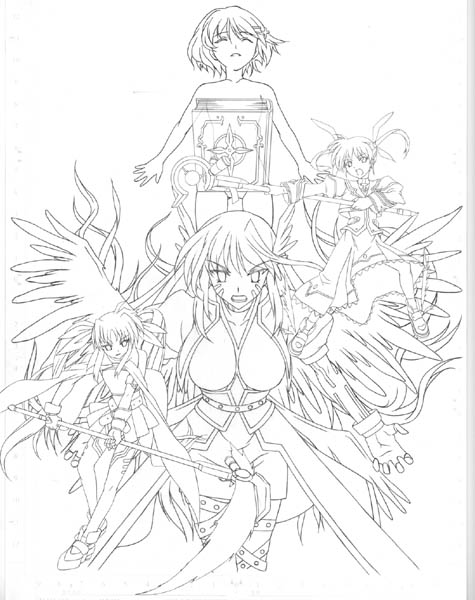 4girls arm_belt armor bardiche belt book cape closed_eyes eyebrows eyebrows_visible_through_hair facepaint fate_testarossa fingerless_gloves gloves hair_ornament hair_ribbon holding holding_weapon jacket lance leg_belt lineart long_hair looking_at_viewer lyrical_nanoha magazine_(weapon) magical_girl mahou_shoujo_lyrical_nanoha mahou_shoujo_lyrical_nanoha_a's mikage_nao monochrome multiple_girls open_clothes open_jacket polearm pose raising_heart reinforce reinforce_zwei ribbon rod skirt staff takamachi_nanoha tome_of_the_night_sky twintails very_long_hair waist_cape weapon winged_hair_ornament wings x_hair_ornament yagami_hayate