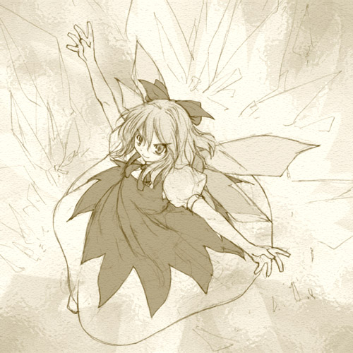 1girl bow cirno dress fairy_wings female hair_bow kasuga_yukihito lowres monochrome solo the_embodiment_of_scarlet_devil touhou wings yellow