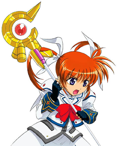 &gt;:d 1girl :d bow bowtie cowboy_shot eyebrows eyebrows_visible_through_hair fingerless_gloves gloves grey_eyes hair_ribbon holding holding_weapon lyrical_nanoha magazine_(weapon) magical_girl mahou_shoujo_lyrical_nanoha mahou_shoujo_lyrical_nanoha_a's open_mouth polearm raising_heart redhead ribbon rod sandgarden simple_background smile solo staff takamachi_nanoha twintails violet_eyes weapon white_background white_devil