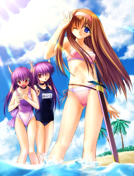 3girls alis_landale_(ps1) alisa_landeel bandeau_bikini beach bikini blue_eyes blush brown_hair choker clouds horns long_hair multiple_girls na-ga name_tag nei neifirst one-piece_swimsuit one_eye_closed orange_hair palm_tree phantasy_star phantasy_star_i phantasy_star_ii pointy_ears purple_hair red_eyes redhead ribbon school_swimsuit shading_eyes sheath side-tie_bikini sky smile sunlight swimsuit sword thigh_gap thighs tree very_long_hair wading water weapon wink