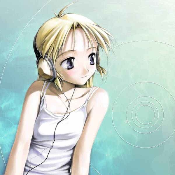 1girl ahoge cable headphones ishikei kashiwagi_hatsune kizuato looking_to_the_side shirt sleeveless sleeveless_shirt smile solo tank_top upper_body white_shirt