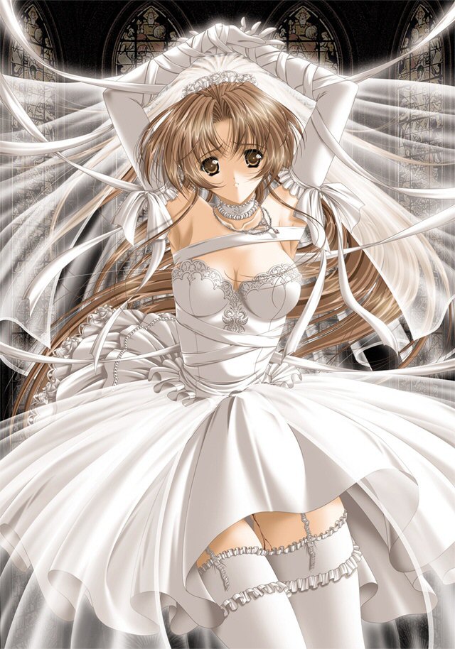1girl arms_up bdsm blood bondage bound bridal_veil bride brown_eyes brown_hair choker church dress elbow_gloves frills garter_belt garters gathers gloves jewelry lace lingerie long_hair necklace solo takaaki thigh-highs underwear veil very_long_hair virgin virgin_bride wedding_dress white white_dress white_gloves white_legwear