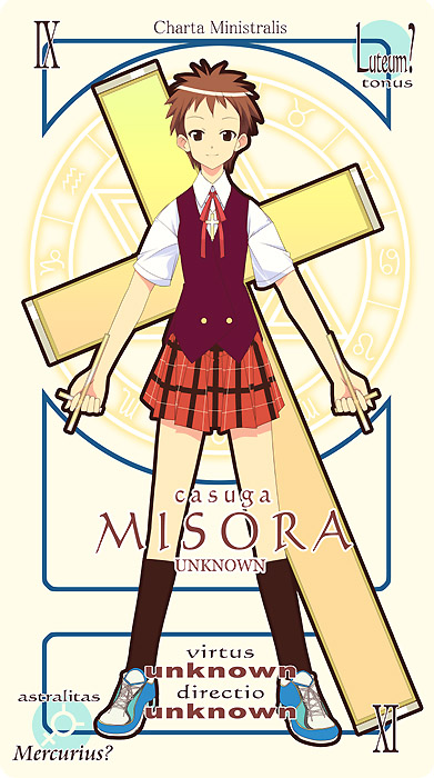 1girl card card_(medium) cross kasuga_misora mahou_sensei_negima! mercury_symbol mizuki_makoto pactio plaid plaid_skirt skirt solo translated
