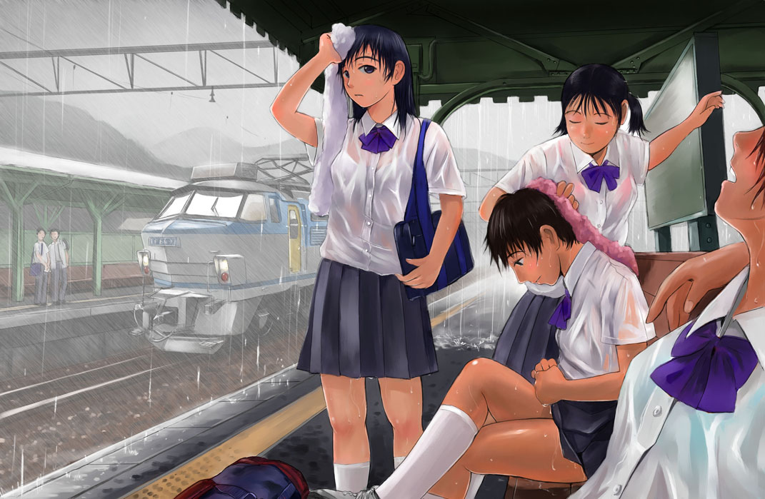 4girls ground_vehicle locomotive mimura_kaoru multiple_girls original rain school_uniform see-through serafuku towel train train_station wet