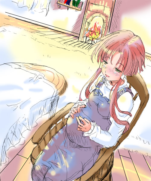 1girl aria breasts carpet chair dutch_angle fire fireplace indoors mizunashi_akari overalls pregnant redhead sitting sketch solo table