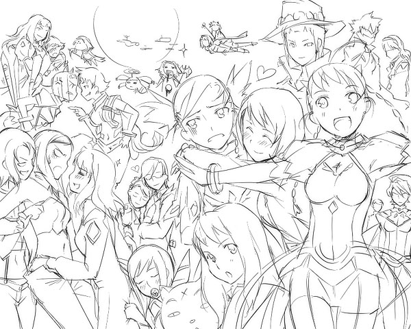 6+girls :d ^_^ aircraft airplane armor bracelet closed_eyes dress everyone full_moon greyscale hug jewelry kyo_(kuroichigo) looking_at_viewer looking_away monochrome moon multiple_girls my-otome navel open_mouth outstretched_arm propeller shirt smile standing sweatdrop thigh_gap weapon yuri